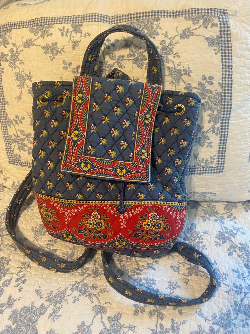 Vera Bradley Vintage Mimi Quilted Navy and Red Drawstring Emily Backpack